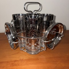 MCM Kimiko Coat Of Arms Barware Set W/ Tumblers/Caddy/Coasters. Silver & Chrome.