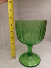 Vintage 1975 Antique FTD Avocado Green Glass Goblet Embossed Oak Leaf Glassware