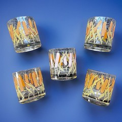 Lot of 5 Mid-Century Georges Briard Cattails Lowball / Rocks Glasses