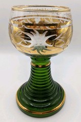 Vintage Roemer Souvenir Wine Glass Green Crystals Ribbed Stem Gold Rim
