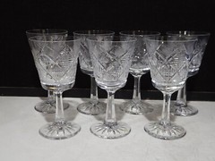SET OF 7- VINTAGE FINE CUT 6″ CRYSTAL WINE GLASSES FAN AND CRISS CROSS PATTERN