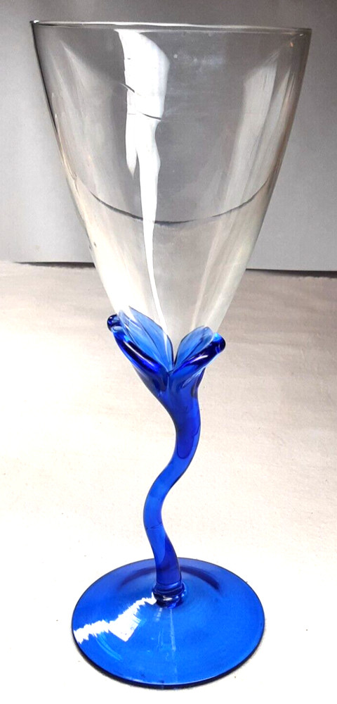Vintage Blue Wavy OR Crooked Stem Petal Stem Wine Glass 8-5/8″ Tall.