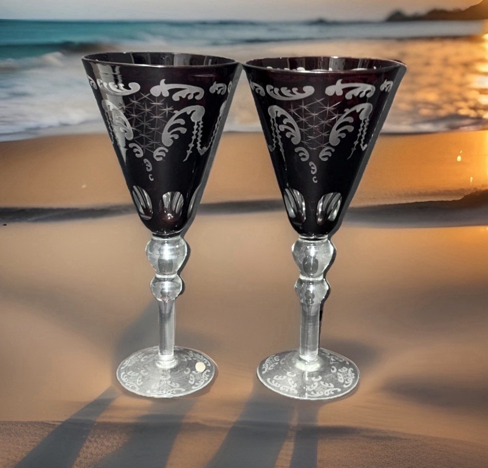 MINT Set Of 2 Crystal Ruby Red Cut To Clear Wine Glasses VTG Etched Window