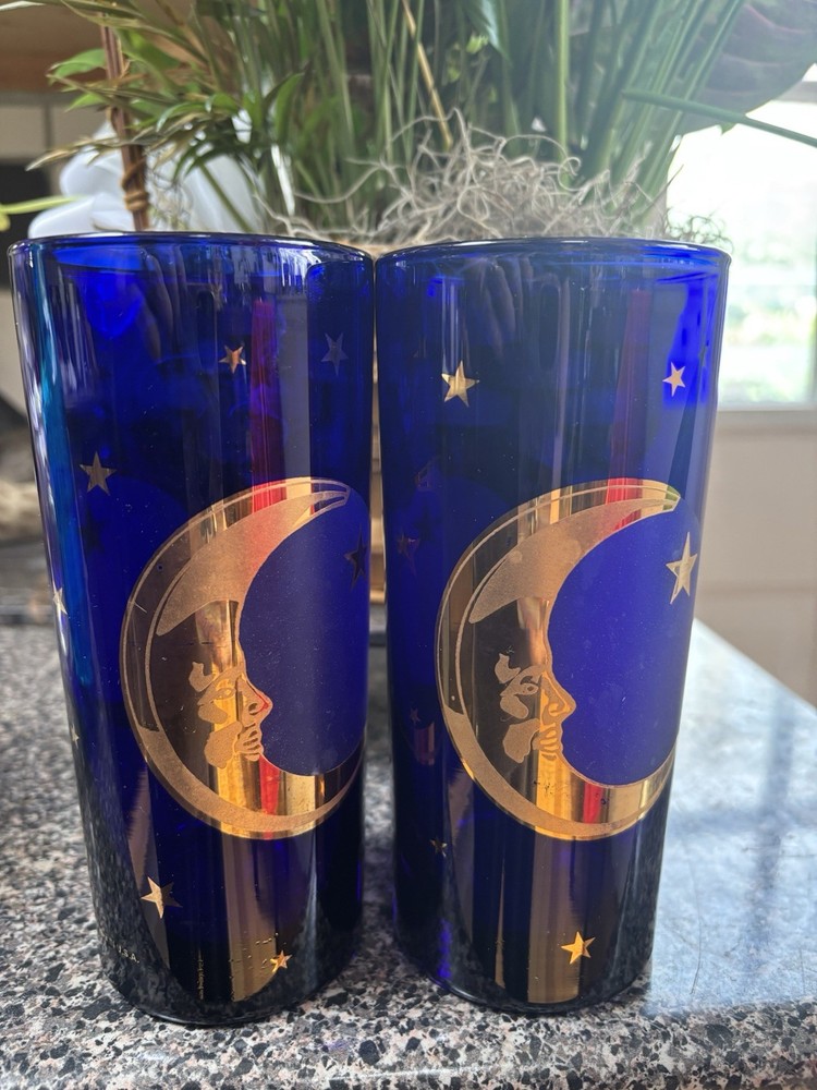 2 Vintage Culver Celestial Moon Stars Cobalt Blue Gold Glass Tumblers VGC