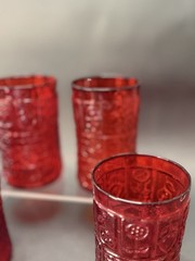 4 Bryce Hand Blown Glasses Red Flower #1325 Barware 1960s MCM UV GLOW