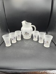 Frosted Glass Hand Painted Juice Pitcher And Glasses Purple Flowers Vintage