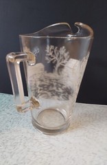 mcm Vintage water pitcher clear glass white embossed Mill and bridge scene 9.5″