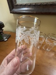 4 VTG Bartlett Collins Embossed Sugar Frosted Grapevine 24K Gold Trim Glasses