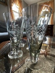 4 Lenox Crystal Etchings Smoky Green Water Or Ice Tea Glasses – Very Pretty!
