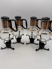 Set of 4 MCM Coffee Carafes Vtg Pyrex Glass & Silex Co. Lids & Warmer Stands