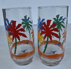 4 Vintage Libbey Tropical PALM TREES & BIRDS Drinking Glasses 16oz NEW