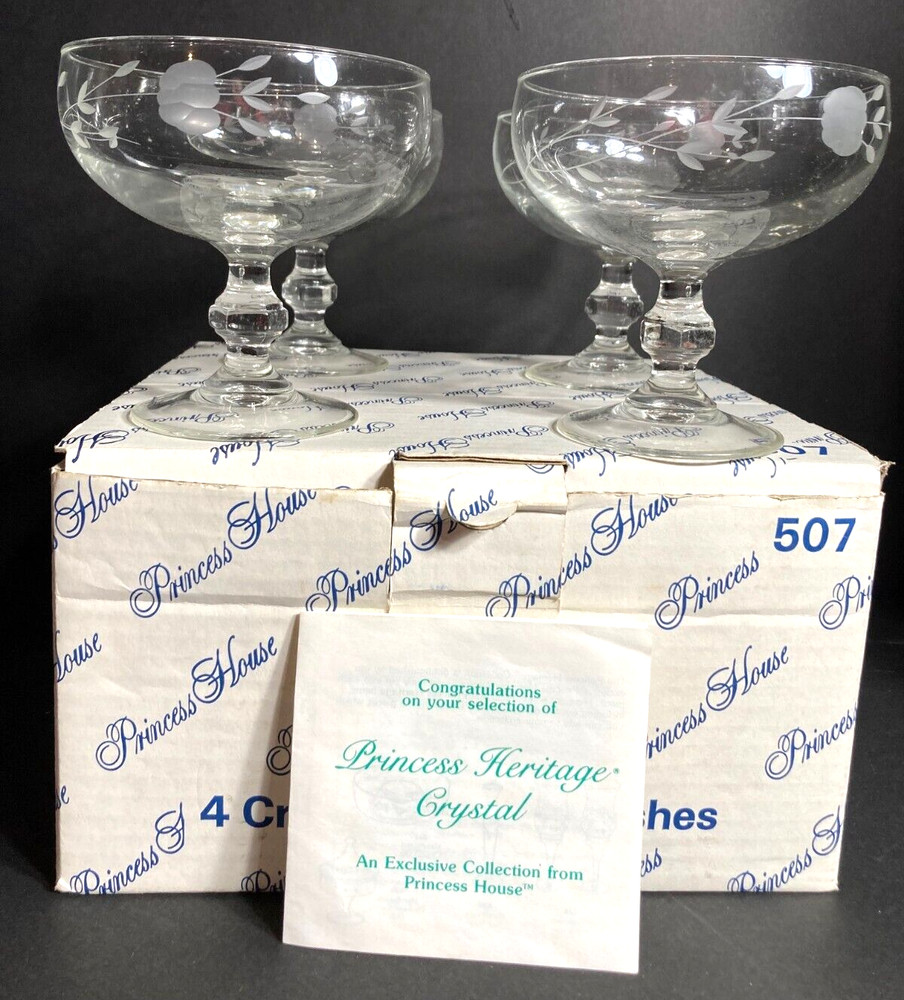 Set of 4 Princess House Dessert Dish 8 oz 4 1/2″ Heritage Etched Crystal 507