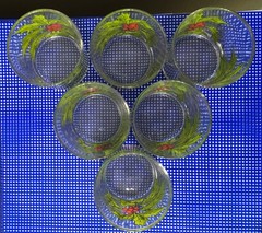 Vintage Set 6 Holly & Berries Rocks Lowball Cocktail Glasses MCM Barware Signed