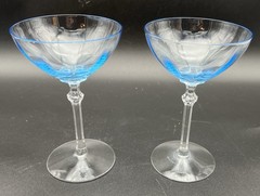 Pair Fostoria Fairfax Azure Blue 8 Oz. Champagne / Tall Sherbet Stemware Glasses