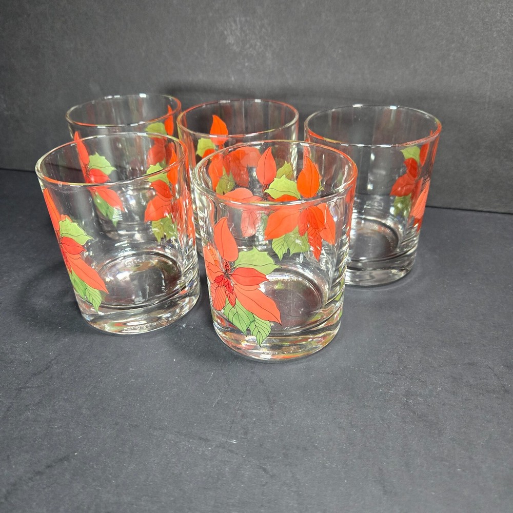 VTG Block Poinsettia 8oz Old Fashioned Glasses Set 5 Tumblers Mary Lou Goertzen