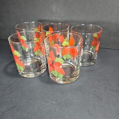 VTG Block Poinsettia 8oz Old Fashioned Glasses Set 5 Tumblers Mary Lou Goertzen