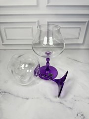 Pair Bohemia Crystal Czech Republic Amethyst Purple Stem Wine Goblets Glasses