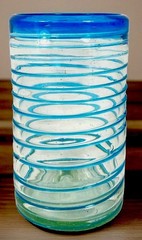 PIER 1 HANDBLOWN BLUE SWIRL DRINKING GLASS 6” TALL 3-1/4” WIDE
