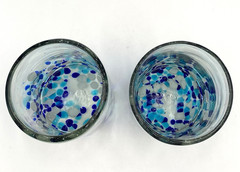 2 Handblown Glass Confetti Tumblers, Blue/Aqua/White/Brass Frit, Heavy, Mexico