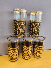 Set Of 5 Culver Ebony Baroque High Ball Glasses Black 22k Gold Vtg MCM Barware