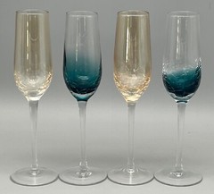 4 Pier 1 Crackle Glass Teal Blue Amber Champagne Crystal Glasses Flutes 10″ EUC