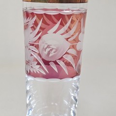 Bohemian Pink Cut To Clear VTG Cordial Glasses Set 6 Gold Trim Etched Crystal