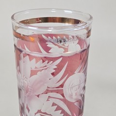 Bohemian Pink Cut To Clear VTG Cordial Glasses Set 6 Gold Trim Etched Crystal