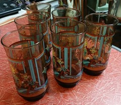 Set Of 6 Vintage Yvette Glass Tumblers Smoke Brown Mid Century Butterfly Flower