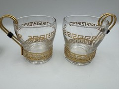 Set Of 6 VTG Libbey glass cups gold Greek key design and metal handles Hollywood