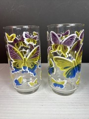 Vintage Libbey Butterfly Purple Blue Yellow Glass Tumblers Pair 14oz