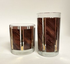 10 ct Vintage Libbey Wood Grain Gold Stripe Tumblers & Old Fashion Rocks Glasses