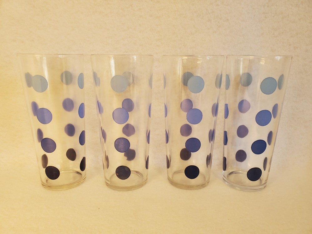 Set of 4 Vintage Blue Dot on Clear Glass Tumblers 6 3/4″ MCM