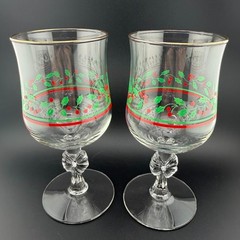 2 Vintage Libbey Arby’s Christmas Holly Berry Wine Glasses, Bow Stem, Gold Rim