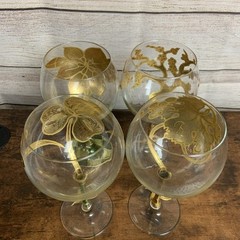 Set of 4 Art Glass Hand Gilded Painted in Italy Amedeo Wine & Flower 🌺 🍷