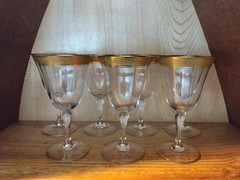 Set Of 7 Tiffin Minton Gold Rim Wine Water Goblets Stemware