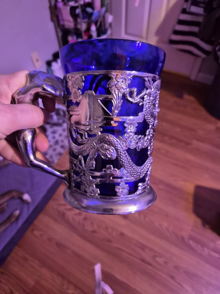 Blue Glass Beer Mug with Silver Metal Dragon Overlay, Ornate Design