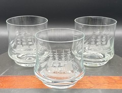 Vintage Etched Clipper Ship Lot Of 3 Glasses | 3.5” | Low Balls | Flare Bottom