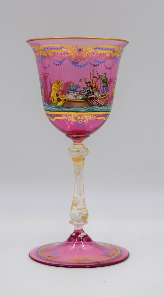 Venetian Italian Murano Salviati Hand Painted Wine Glass – Gondola, Circa 1930