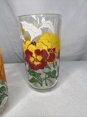 Vintage Anchor Hocking Set Of 3 Red Yellow Orange Pansies Floral Tumblers 5.25”