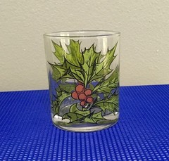 Vintage Set 6 Holly & Berries Rocks Lowball Cocktail Glasses MCM Barware Signed