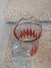 Vintage MCM Red Diamond Atomic Wide Bottom Glass Pitcher Serving Ribbed Handle