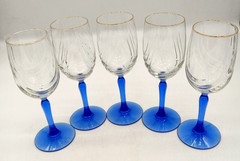 Vtg Lenox 5 Crystal Swag Drape Wine Goblets Cobalt Blue Stem/Base 22K Gold Rim