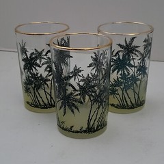 Three Vintage Frosted Yellow Palm Tree Juice Cocktail Glass Tiki 5 Ozs.