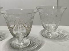 Antique Vtg Rococo Style Harp Etched Crystal Footed Cordials Glasses Stemware