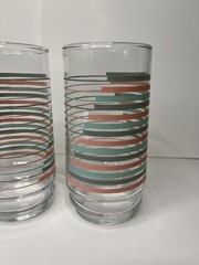 MCM Vintage Tumbler Glasses Set Teal Turquoise Grey Pink Striped Pattern