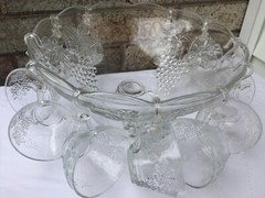 VINTAGE LARGE EMBOSSED GRAPE & FOILAGE CUT GLASS PUNCH BOWL / 12 CUPS & HOOKS