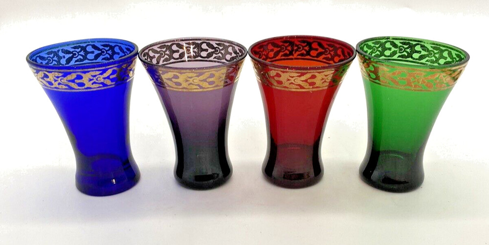 Bohemian Shot Glass Set Of 4 Cordial Glasses Jewel Tones, Accent Gold Border 3″H