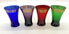 Bohemian Shot Glass Set Of 4 Cordial Glasses Jewel Tones, Accent Gold Border 3″H