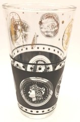 Vintage MCM Set of 6 Libbey Coins Black & Gold Glass Set W/Gold Holder