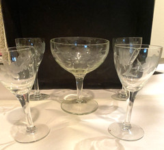 Set of 5 – MCM Vintage Champagne Glasses with Etched Leaves and Flowers Pattern